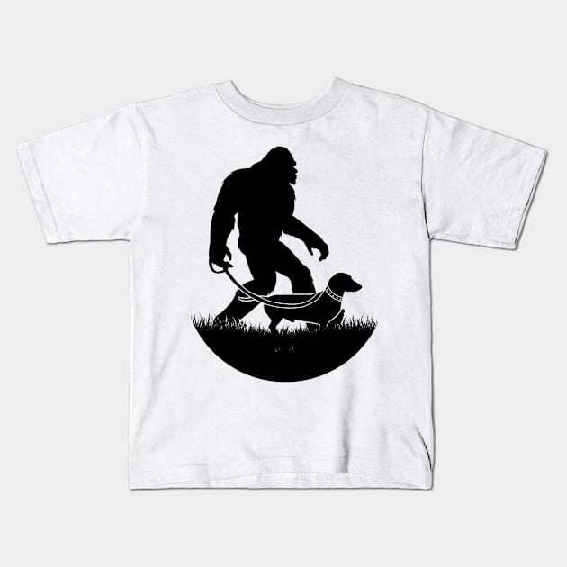 Bigfoot Walking Dachshund Kids T-Shirt by Tesszero